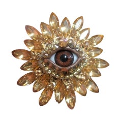 Vintage Art Glass Evil Eye Golden Marquise Crystal Statement Brooch Pin