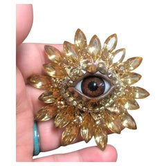 Vintage Art Glass Evil Eye Golden Marquise Crystal Statement Brooch Pin