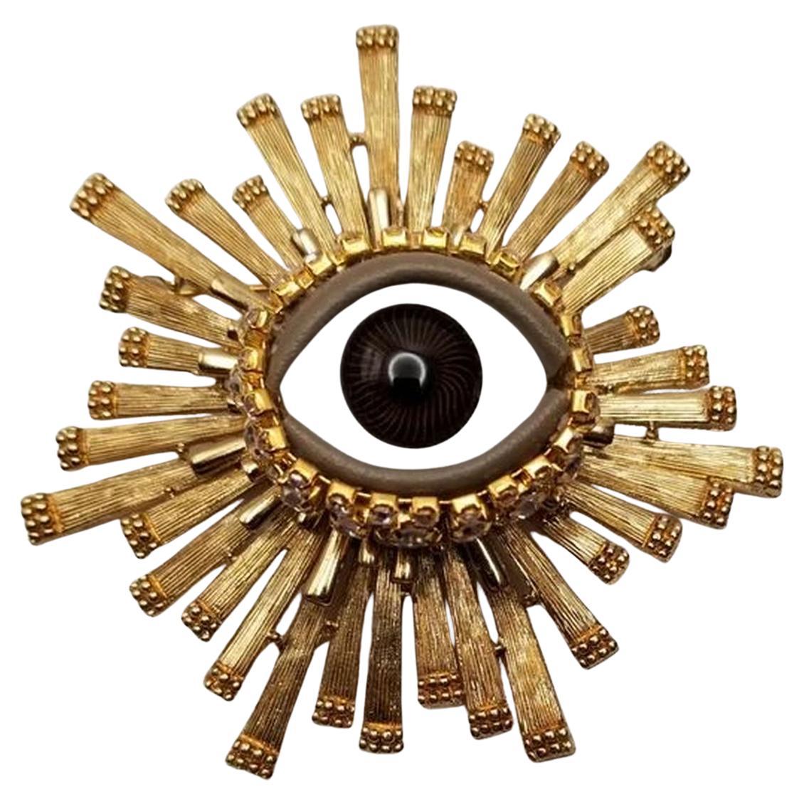 Vintage Art Glass Evil Eye Golden Mid Century Modern Statement Brooch Pin For Sale
