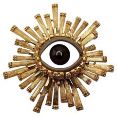 Vintage Art Glass Evil Eye Golden Mid Century Modern Statement Brooch Pin