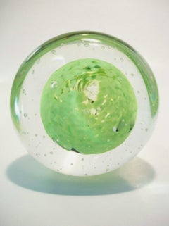 Vintage Art Glass Lime Green & Controlled Bubble Paperweight - Mid 20th Century