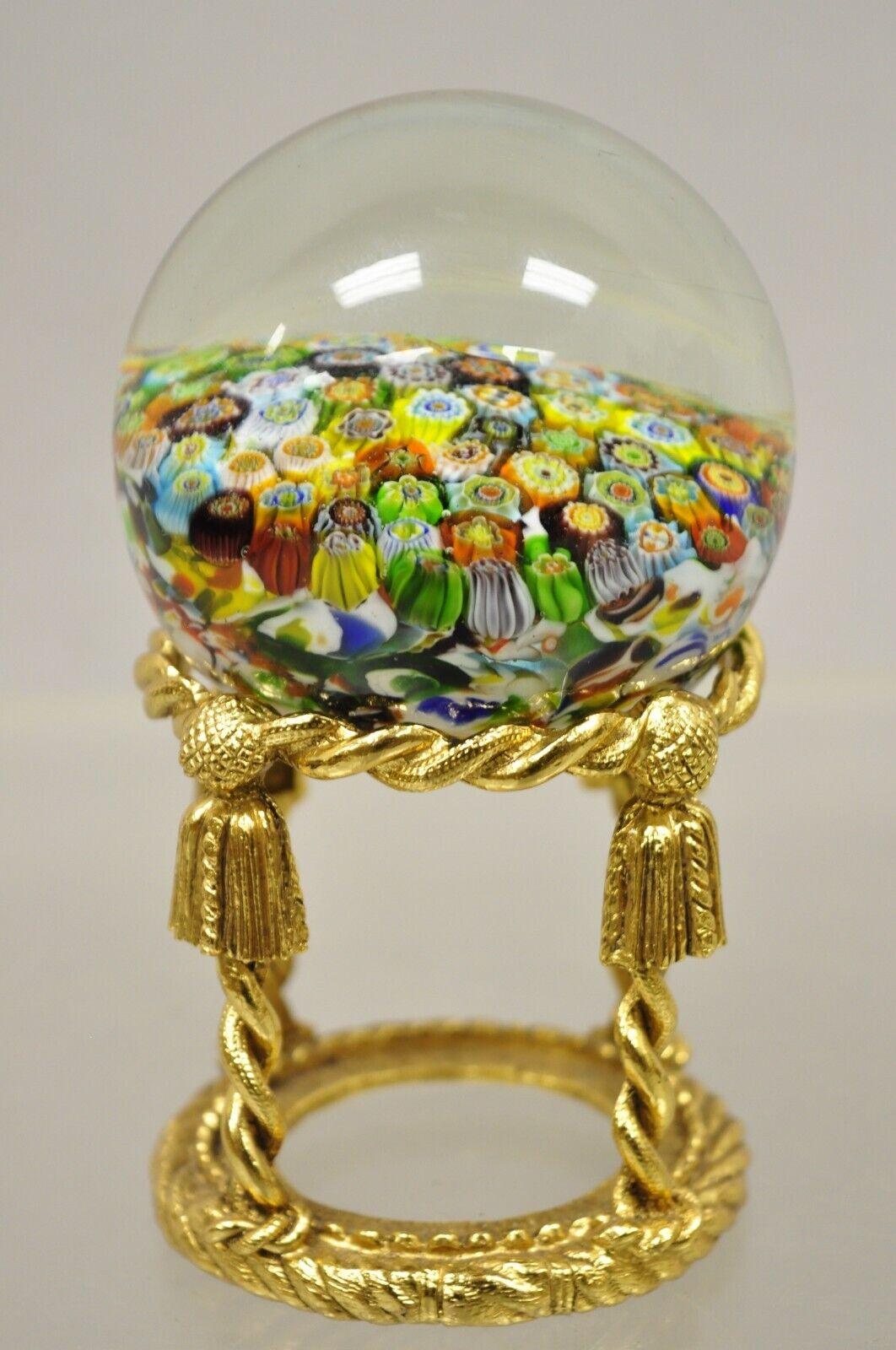 Vintage Art Glass Millefiori Italian Murano Style Paperweight on Stand For Sale 4