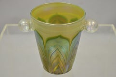 Vintage Art Glass Pulled Feather Green Blue Tiffany Style Small Ice Bucket