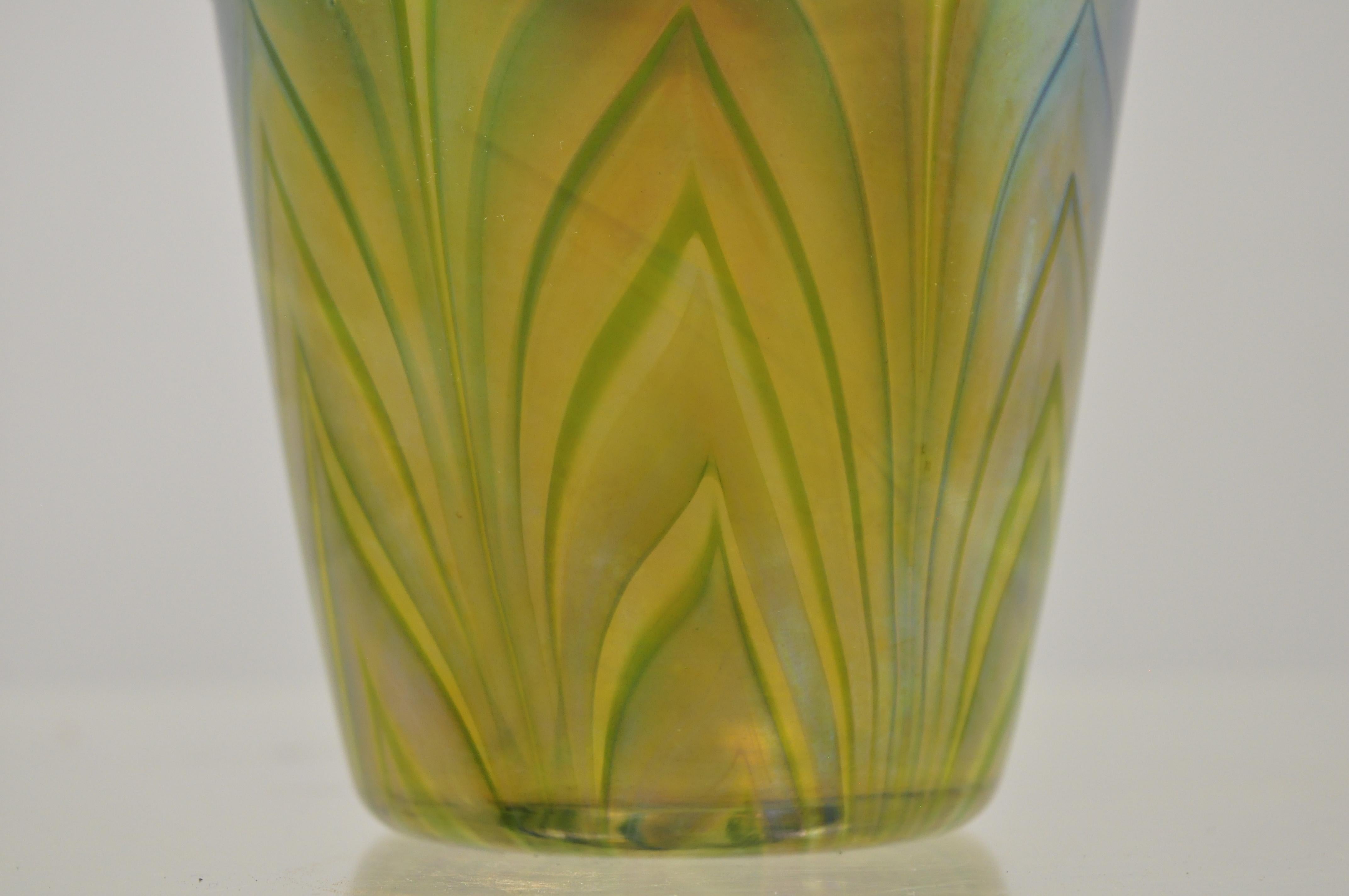 North American Vintage Art Glass Pulled Feather Green Blue Tiffany Style Small Ice Bucket
