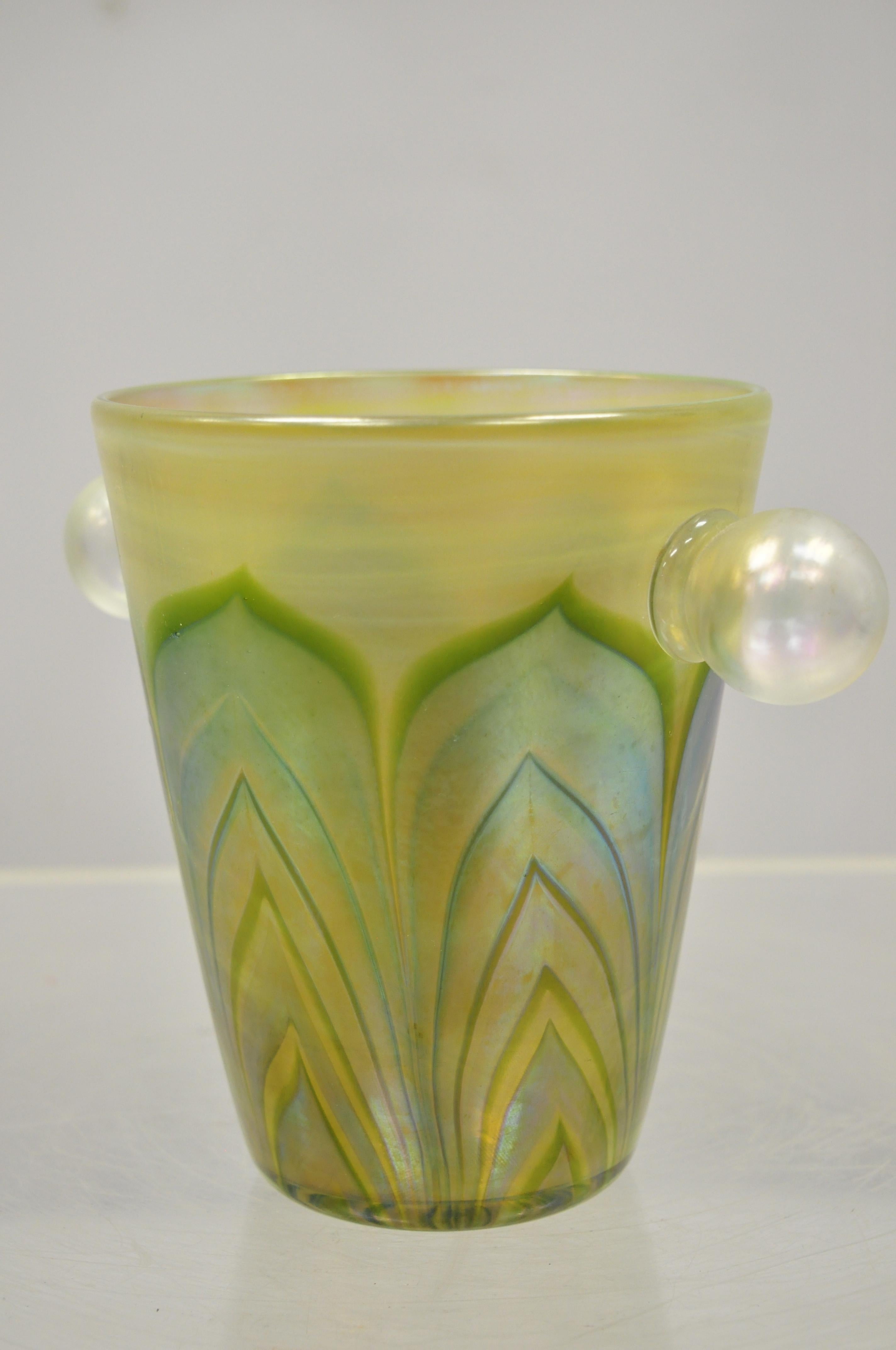 Vintage Art Glass Pulled Feather Green Blue Tiffany Style Small Ice Bucket In Good Condition In Philadelphia, PA
