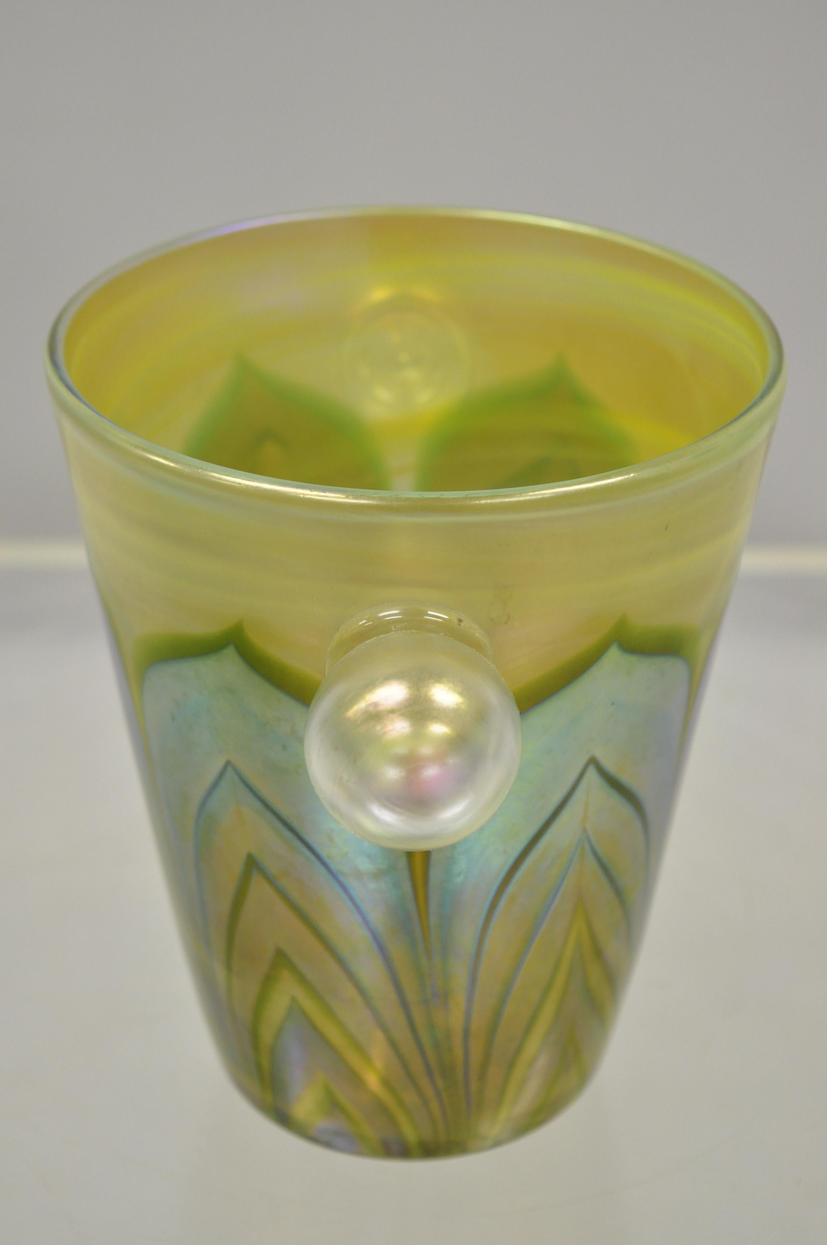 Vintage Art Glass Pulled Feather Green Blue Tiffany Style Small Ice Bucket 1