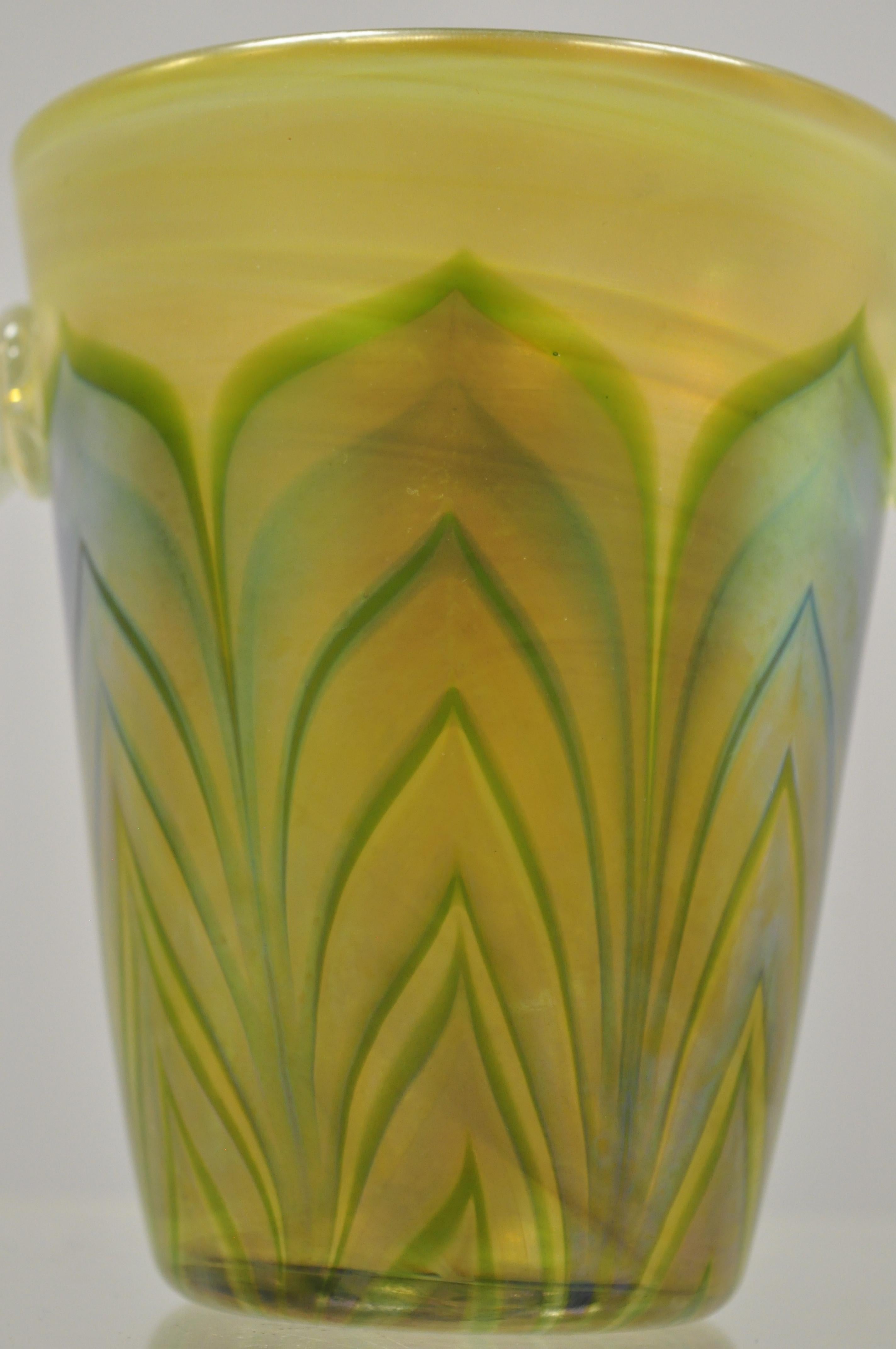 Vintage Art Glass Pulled Feather Green Blue Tiffany Style Small Ice Bucket 2