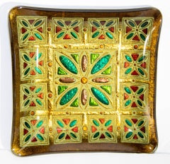 Vintage Art Glass Square Dish Moorish Mosaic Design Gold Green Red, 1960s, Italy