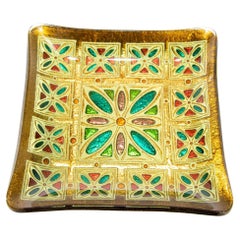 Vintage Art Glass Square Dish Moorish Mosaic Design Gold Green Red, 1960s, Italy