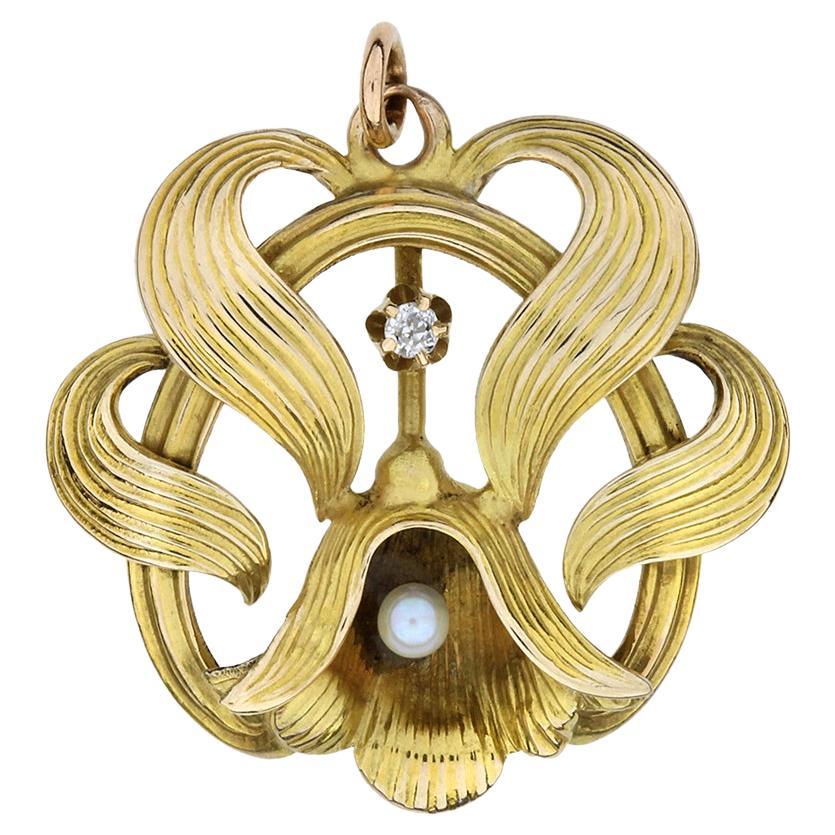Vintage Art Nouveau 14K Flourish Diamond Pendant For Sale
