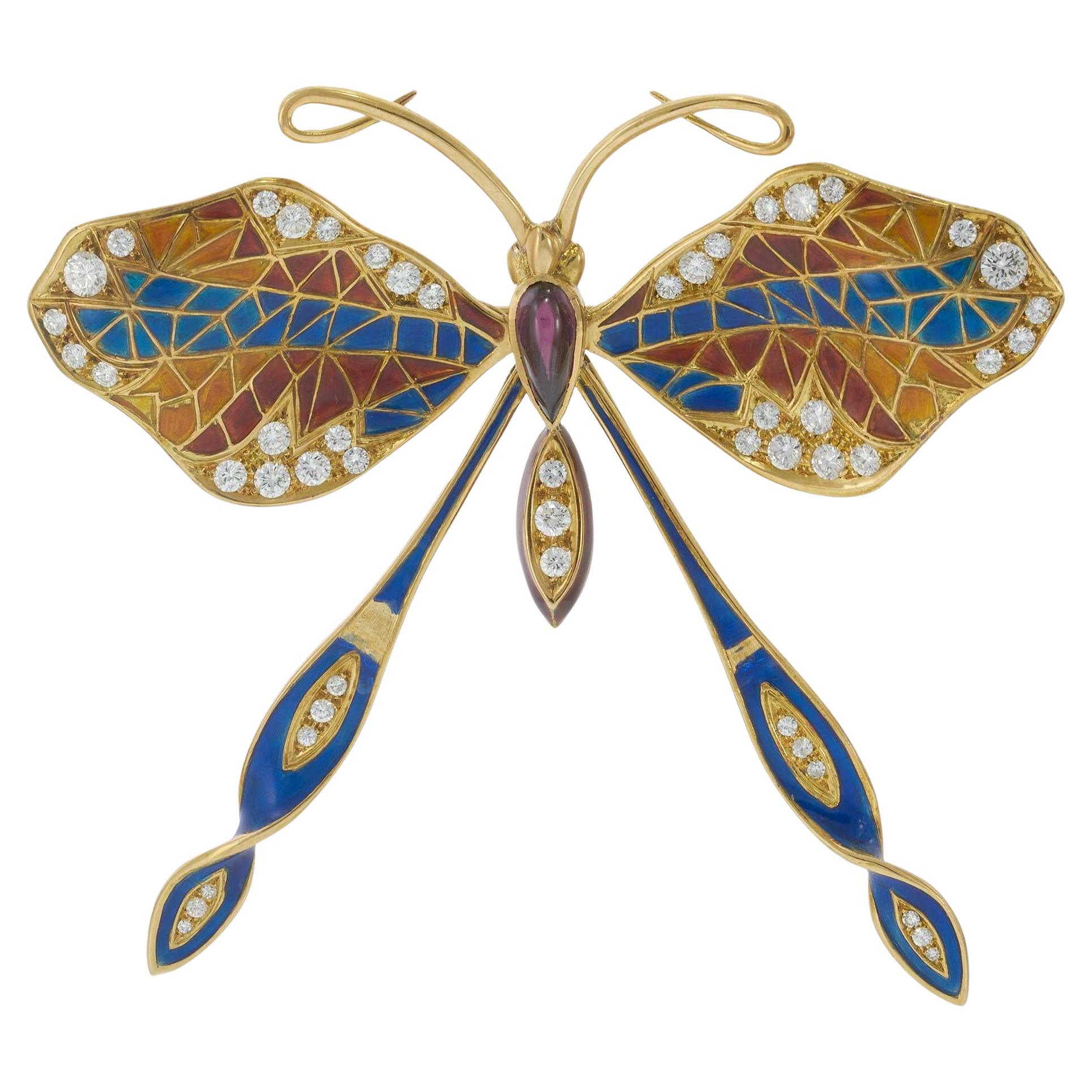 Vintage Art Nouveau 18KT Gelbgold Schmetterling Brosche mit Diamanten und Emaille im Angebot