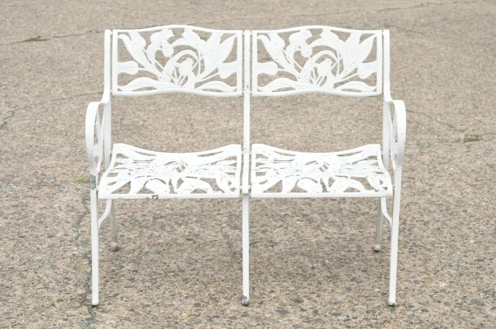 Vintage Cast Aluminum Art Nouveau Style Tulip Flower Garden Patio Bench Seat attributed to Molla. Circa Late 20th Century. Measurements: 33.5
