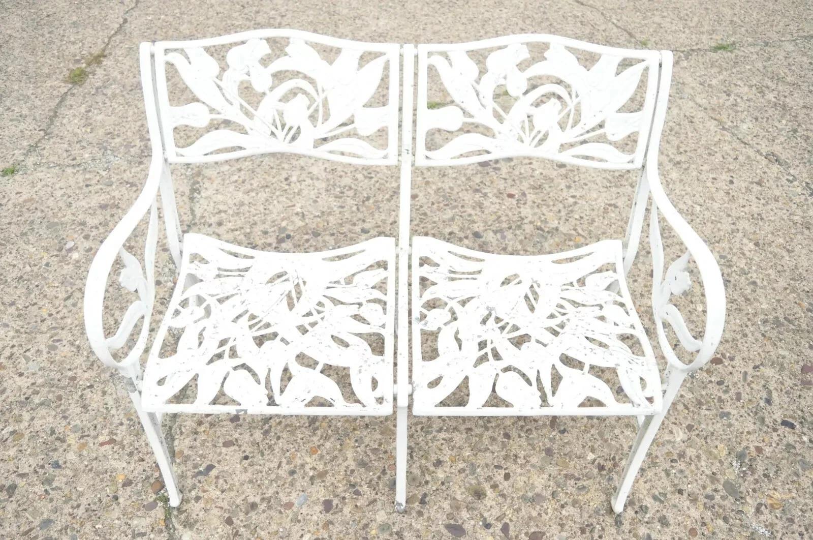 Vintage Art Nouveau Aluminum Tulip Flower Garden Patio Bench Seat Attr. to Molla In Good Condition For Sale In Philadelphia, PA