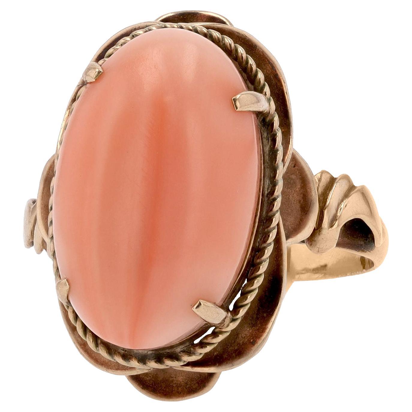 Vintage Art Nouveau Angel Skin Coral & 18k Rose Gold Ring