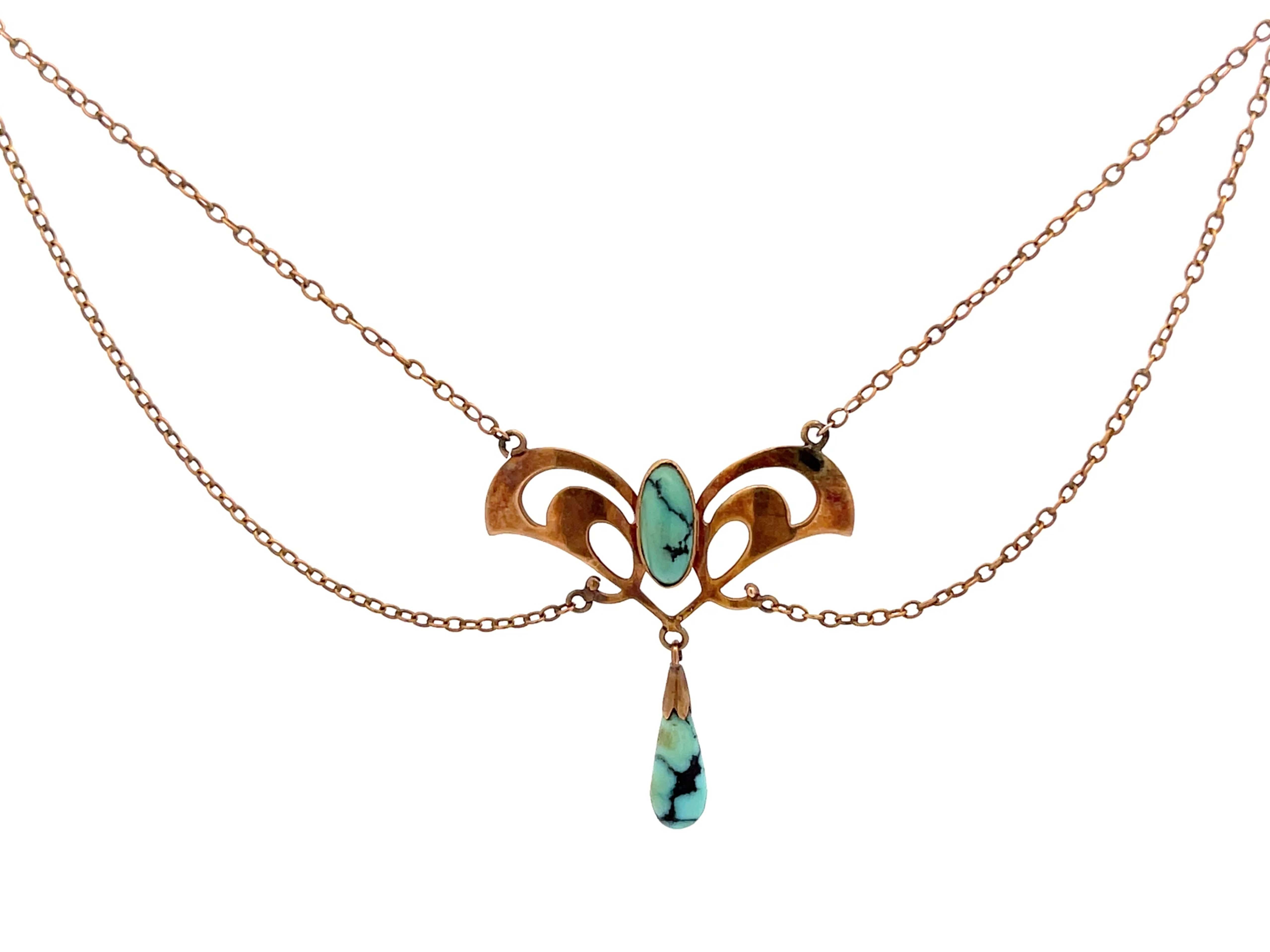 Modern Vintage Art Nouveau Baroque Pearl and Turquoise Necklace 10K Rose Gold For Sale