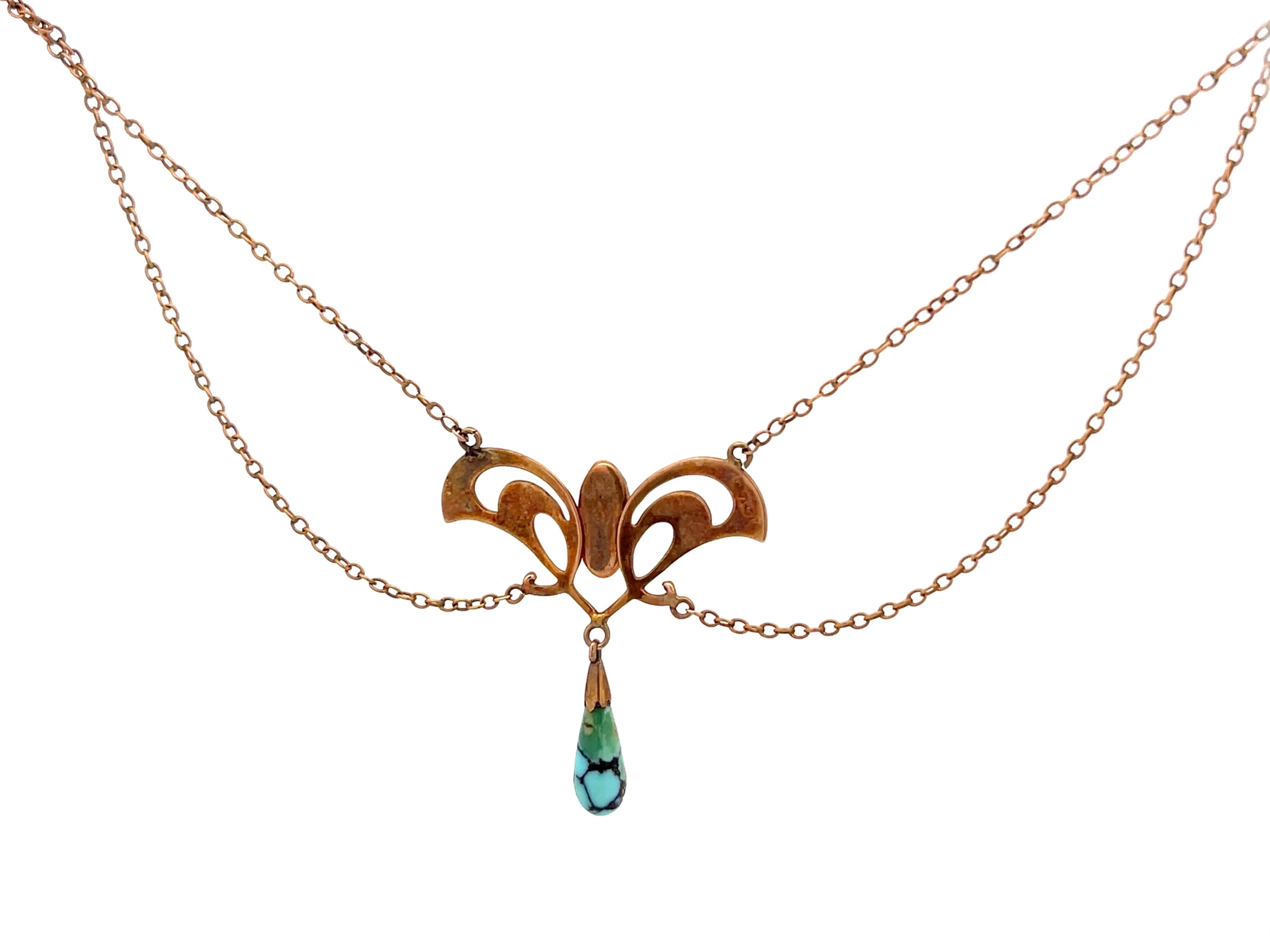 Women's Vintage Art Nouveau Baroque Pearl and Turquoise Necklace 10K Rose Gold For Sale