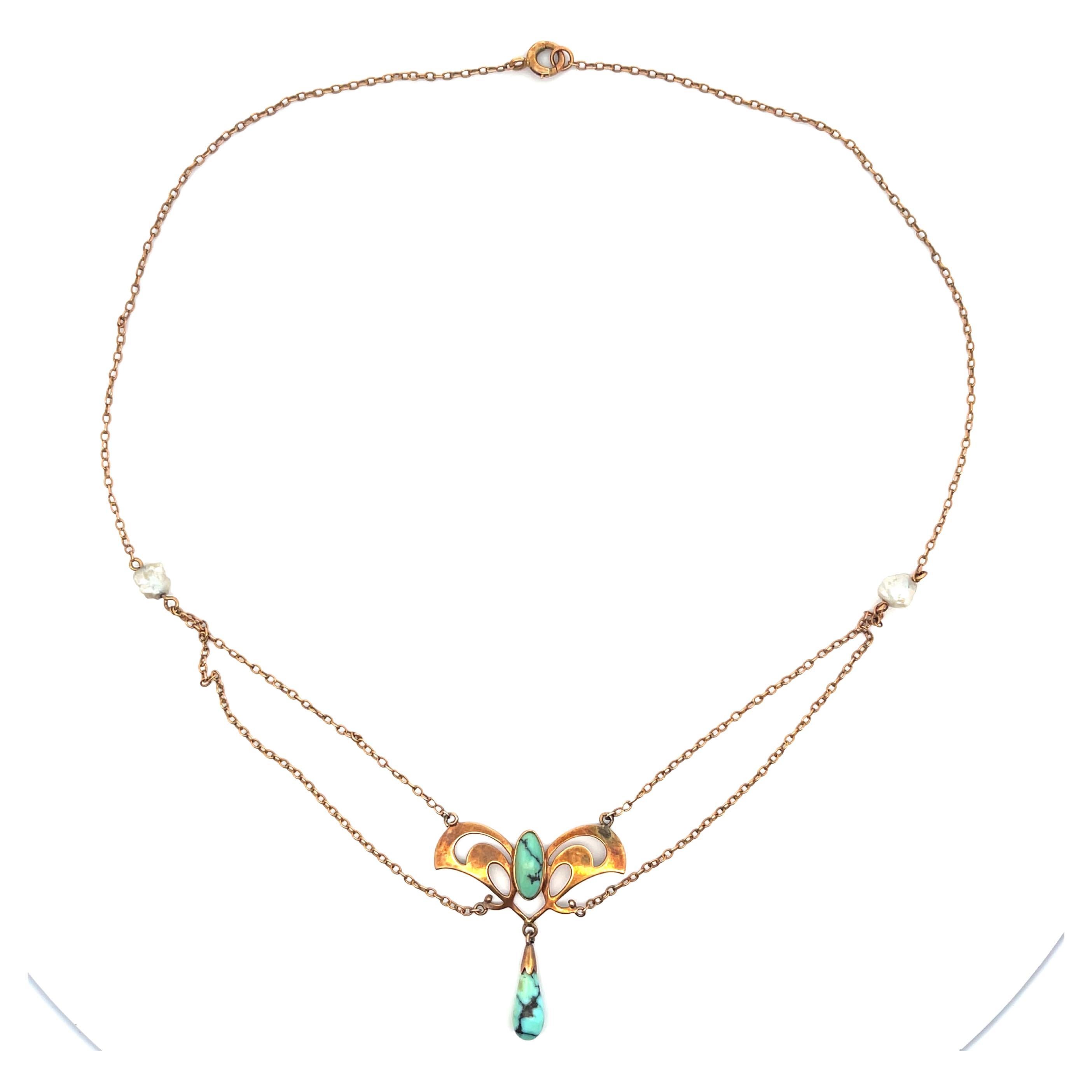 Vintage Art Nouveau Baroque Pearl and Turquoise Necklace 10K Rose Gold For Sale