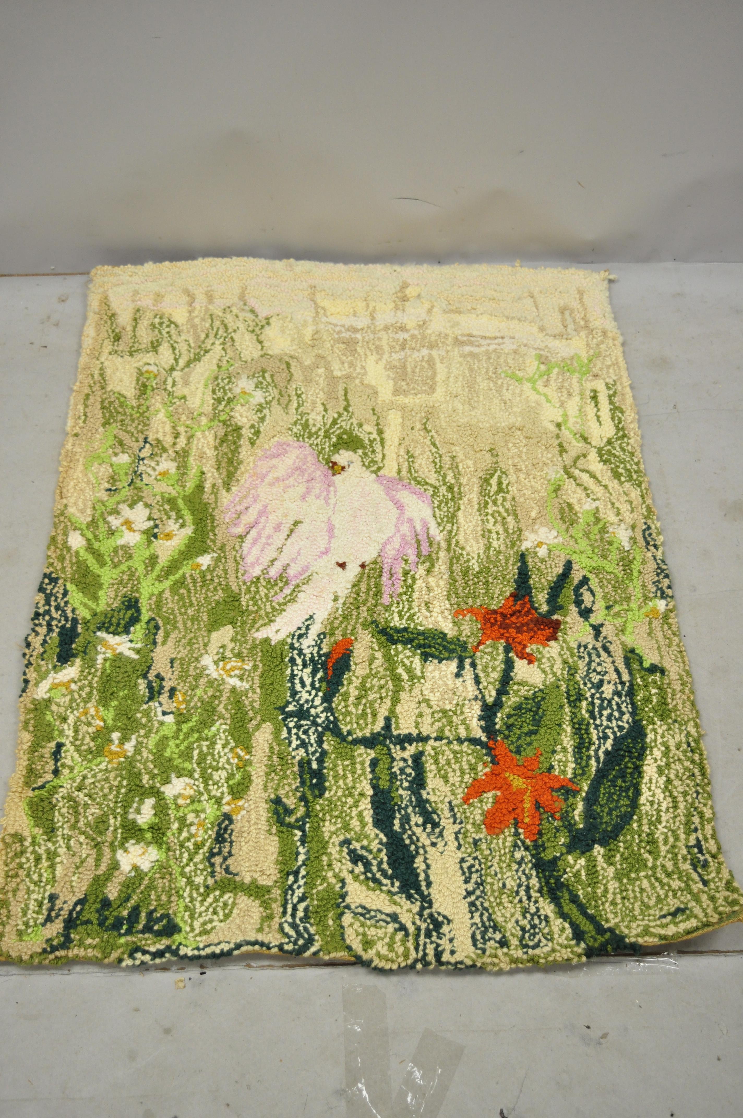Vintage Art Nouveau Birds of Paradise Pink Green Wool Rug Carpet For Sale 4