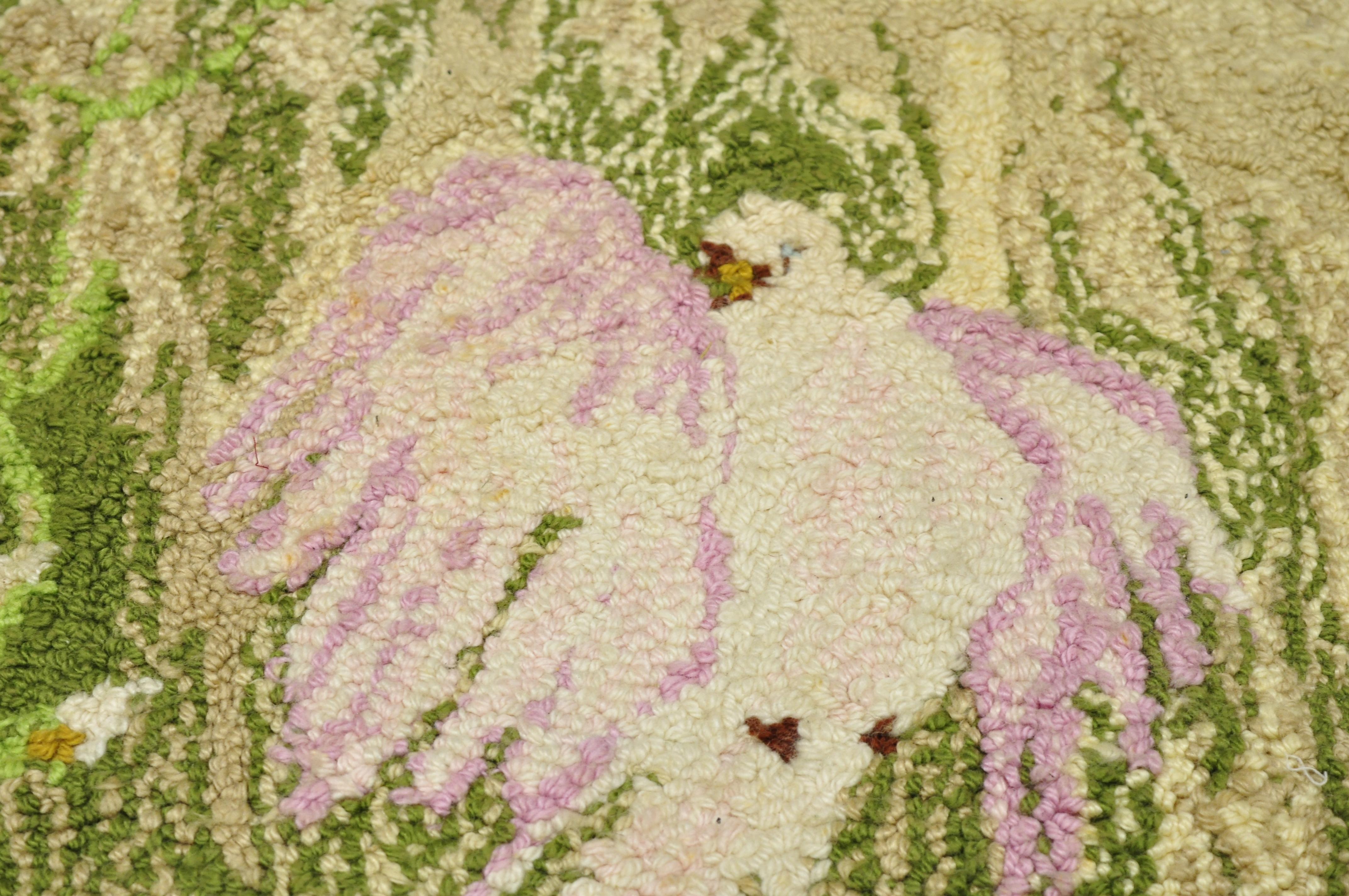 Vintage Art Nouveau Birds of Paradise Pink Green Wool Rug Carpet In Good Condition For Sale In Philadelphia, PA