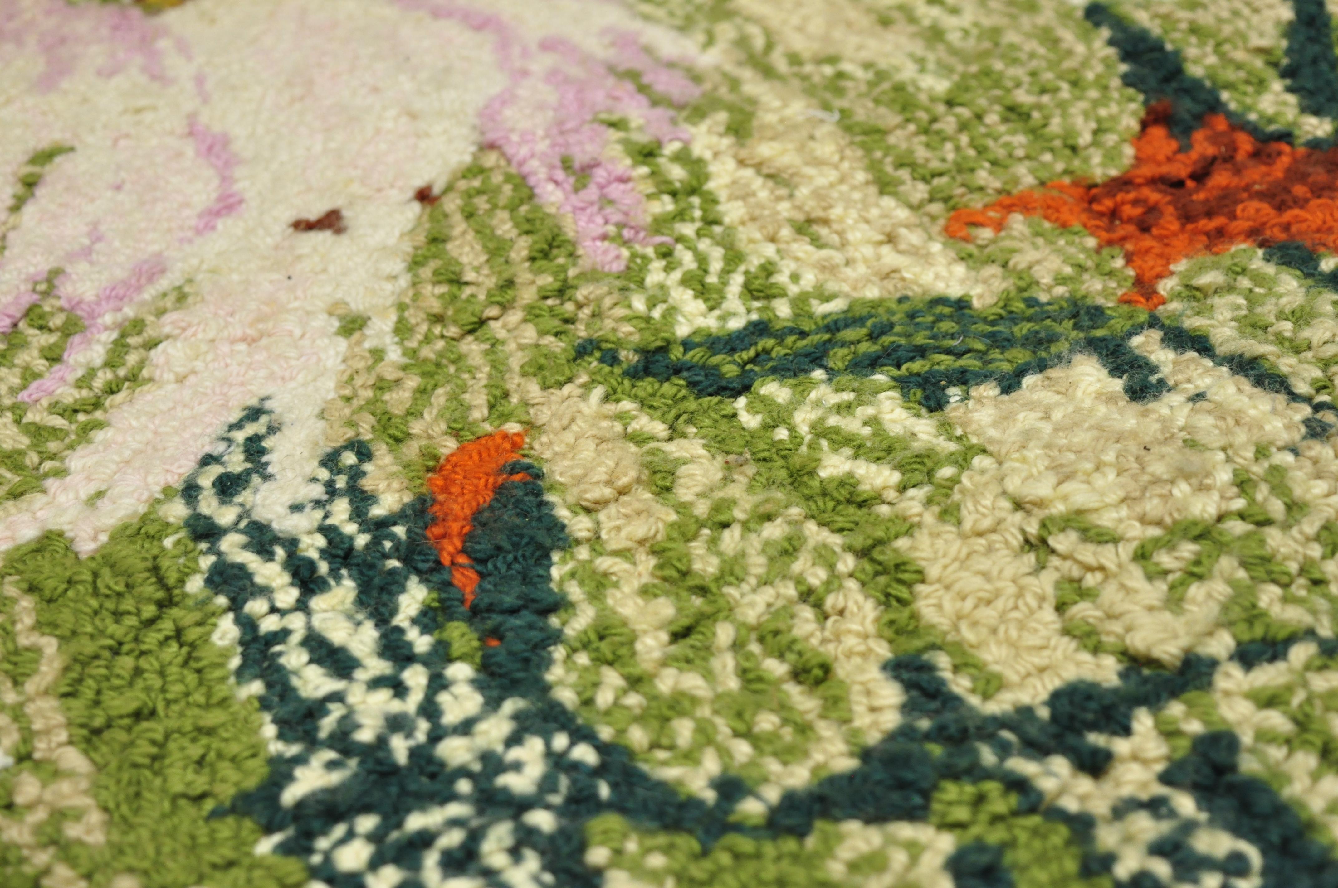Vintage Art Nouveau Birds of Paradise Pink Green Wool Rug Carpet For Sale 1