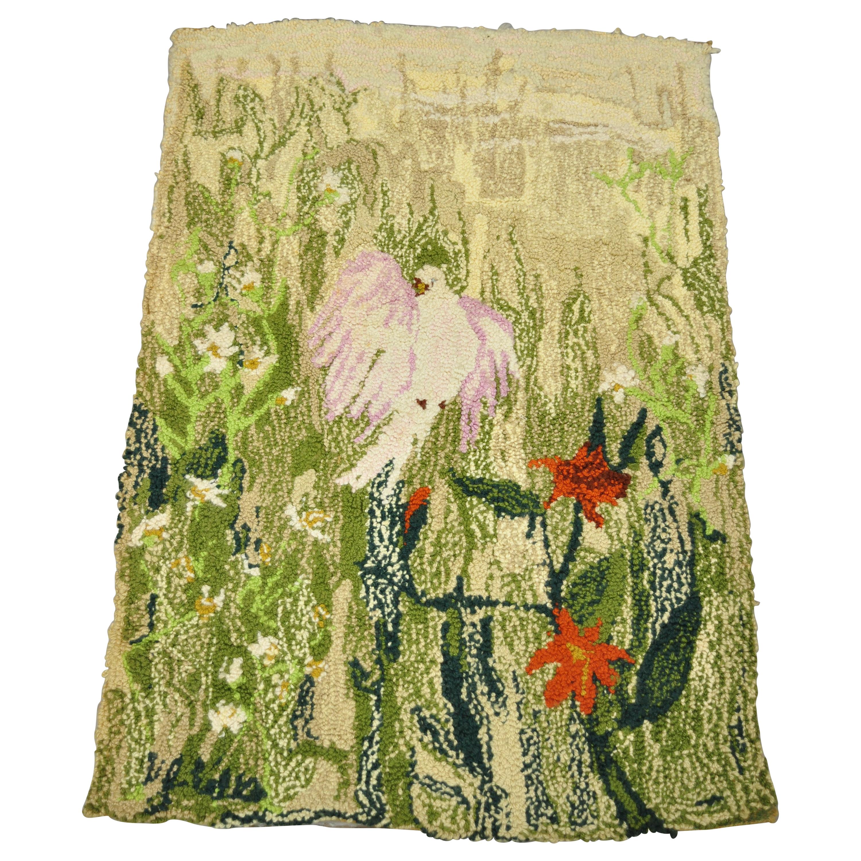Vintage Art Nouveau Birds of Paradise Pink Green Wool Rug Carpet For Sale
