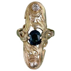 Vintage Art Nouveau Blue Sapphire and Diamond 10 Karat Yellow Gold - Size 10