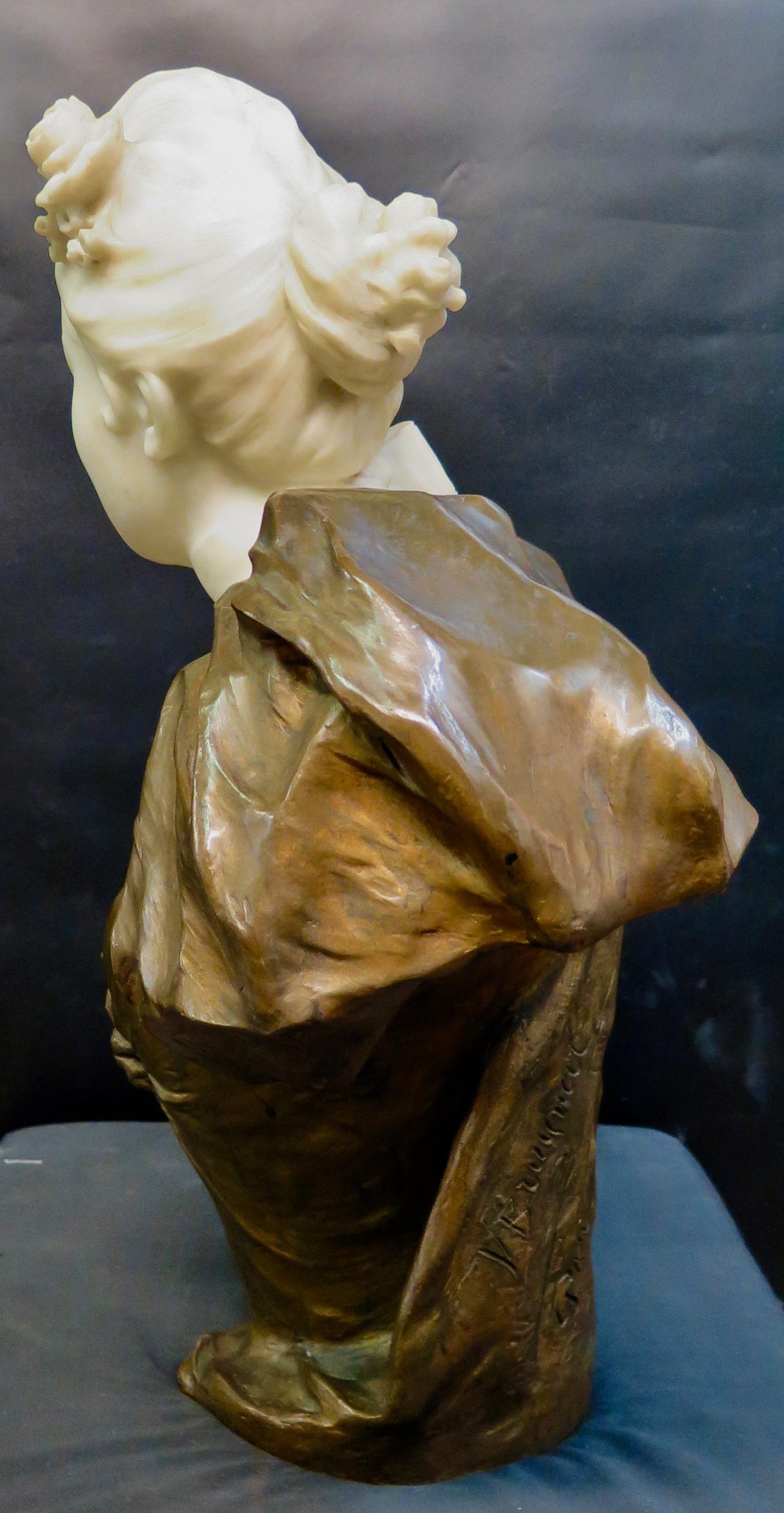 Patinated Vintage Art Nouveau Bronze & Marble Statue, signed V. Bruyneel
