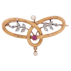 Vintage Art Nouveau Brooch, Platinum Gold, Diamond 0.20ct, Ruby, Pearl
