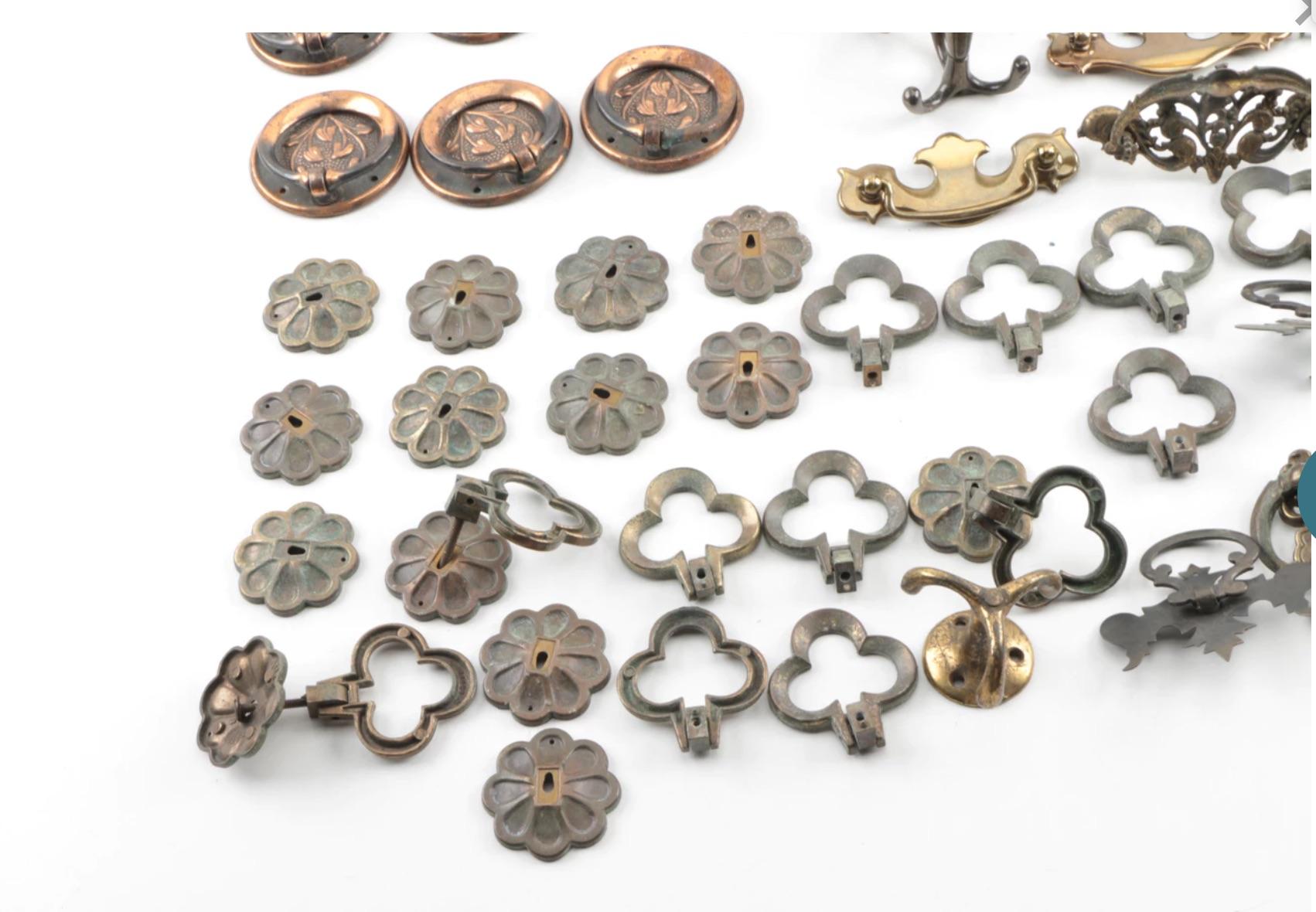 A stunning large collection of vintage Chippendale and Art Nouveau style cabinet pulls- approximate total 50 - metals as copper, brass and other.

This is an amazing opportunity to own a very rare and comprehensive assortment of cabinet hardware for