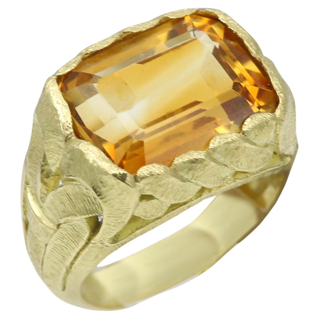 Vintage Art Nouveau Citrine Ring 18 Karat Gold Large Yellow Citrine