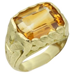 Vintage Art Nouveau Citrine Ring 18 Karat Gold Large Yellow Citrine