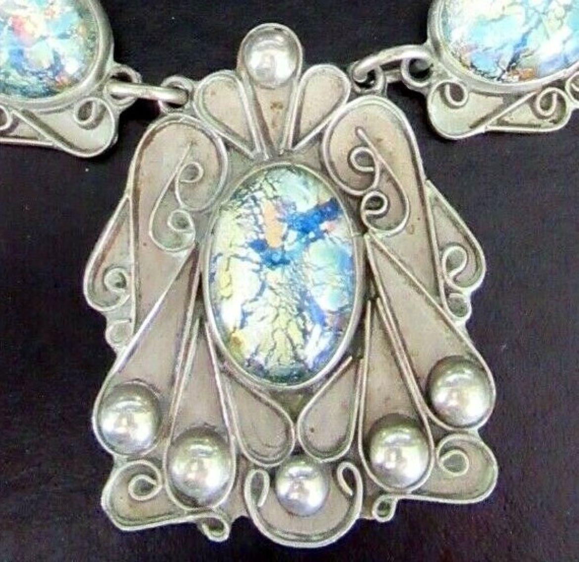 Women's Vintage Art Nouveau Designer Foil Set Opal Sterling Silver Necklace Mexico