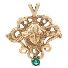 Vintage Art Nouveau Emerald Medusa Pendant 14K Yellow Gold 0.25Cttw
