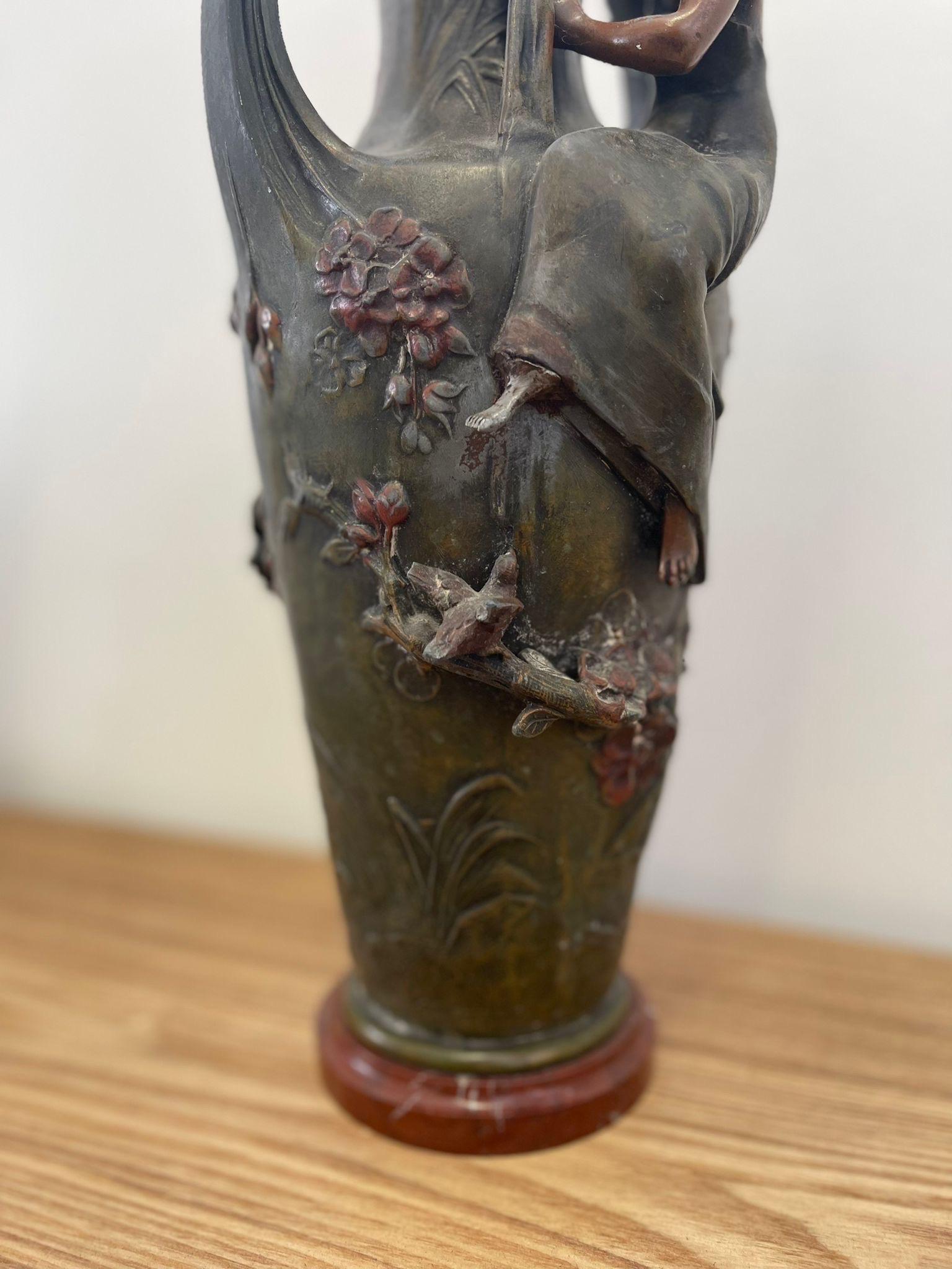 Metal Vintage Art Nouveau Era Vase With Feminine Figurine Sculpture and Floral Motif. For Sale
