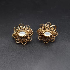 Vintage Art Nouveau Faux Opal Earrings, Antique-Gold Tone, Clip On, Retro