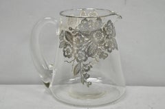 Vintage Art Nouveau Floral Sterling Silver Overlay Crystal Glass Water Pitcher