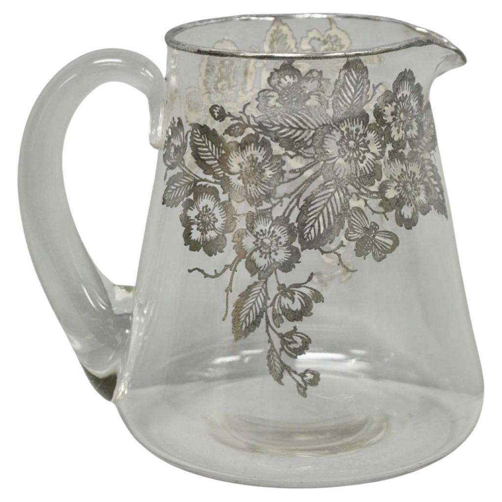 Vintage Art Nouveau Floral Sterling Silver Overlay Crystal Glass Water Pitcher