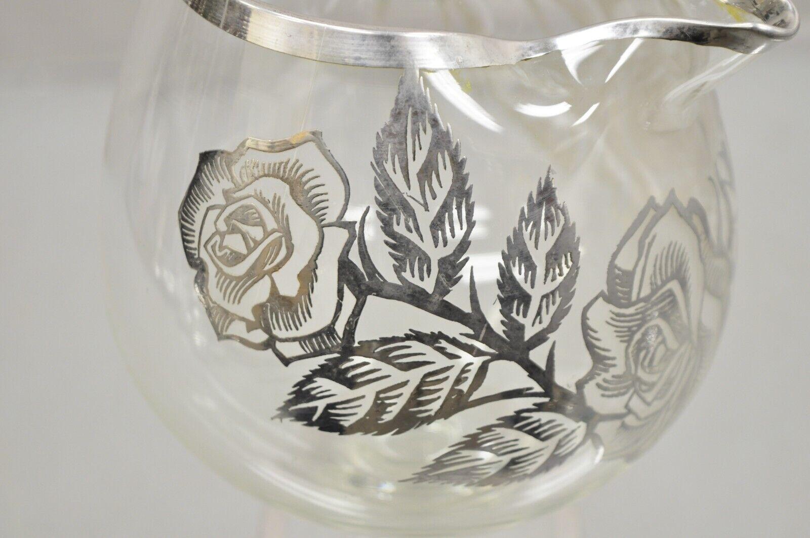 Vintage Art Nouveau Floral Sterling Silver Overlay Glass Footed Water Pitcher In Good Condition For Sale In Philadelphia, PA