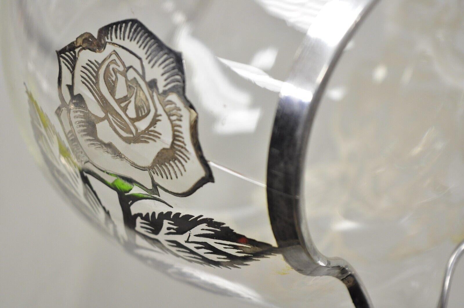 Vintage Art Nouveau Floral Sterling Silver Overlay Glass Footed Water Pitcher For Sale 2