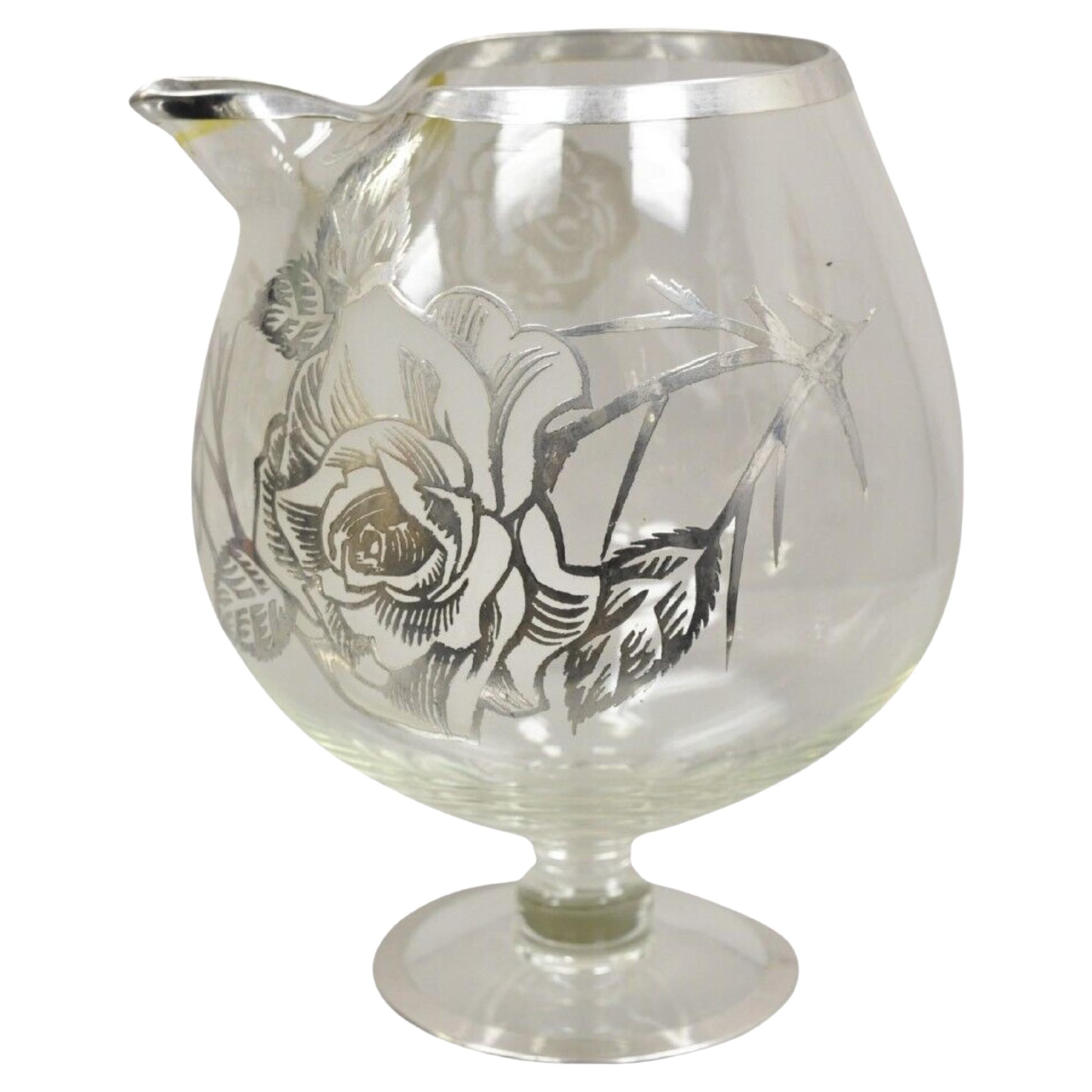 Vintage Art Nouveau Floral Sterling Silver Overlay Glass Footed Water Pitcher For Sale