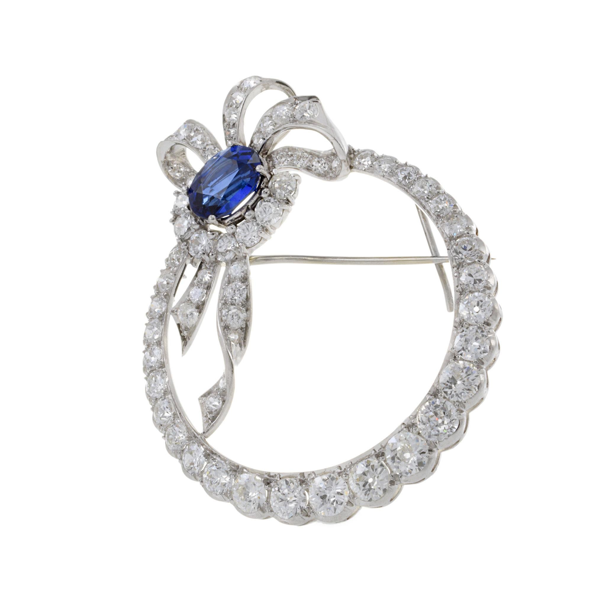 Old European Cut Vintage Art Nouveau Fourgeray 18KT White Gold Ceylon Sapphire And Diamond Brooch
