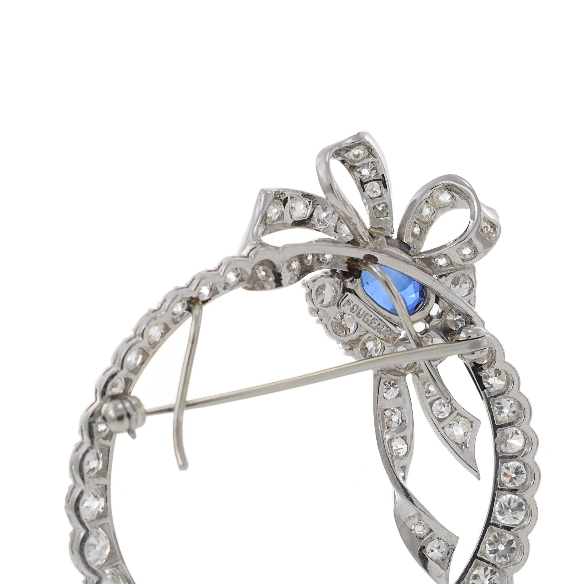 Vintage Art Nouveau Fourgeray 18KT White Gold Ceylon Sapphire And Diamond Brooch In Excellent Condition In New York, NY