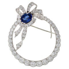 Broche vintage Art Nouveau Fourgeray en or blanc 18 carats, saphir de Ceylan et diamants
