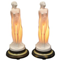 Retro Art Nouveau French Style Ceramic Figural Woman Boudoir Table Lamps, Pair