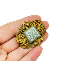 Vintage Art Nouveau gold tone brass green glass brooch