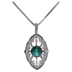 Vintage Art Nouveau Inspired Cats Eye Tourmaline Pendant Necklace