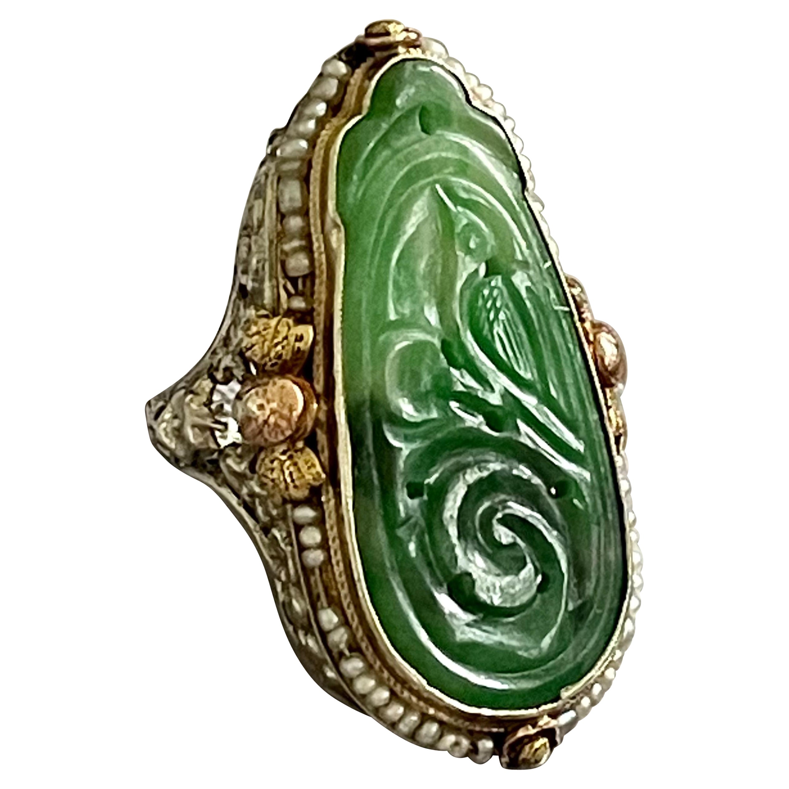 Vintage Vintage Jugendstil Jade und See Perle 18 Karat Gelbgold Ring im Angebot