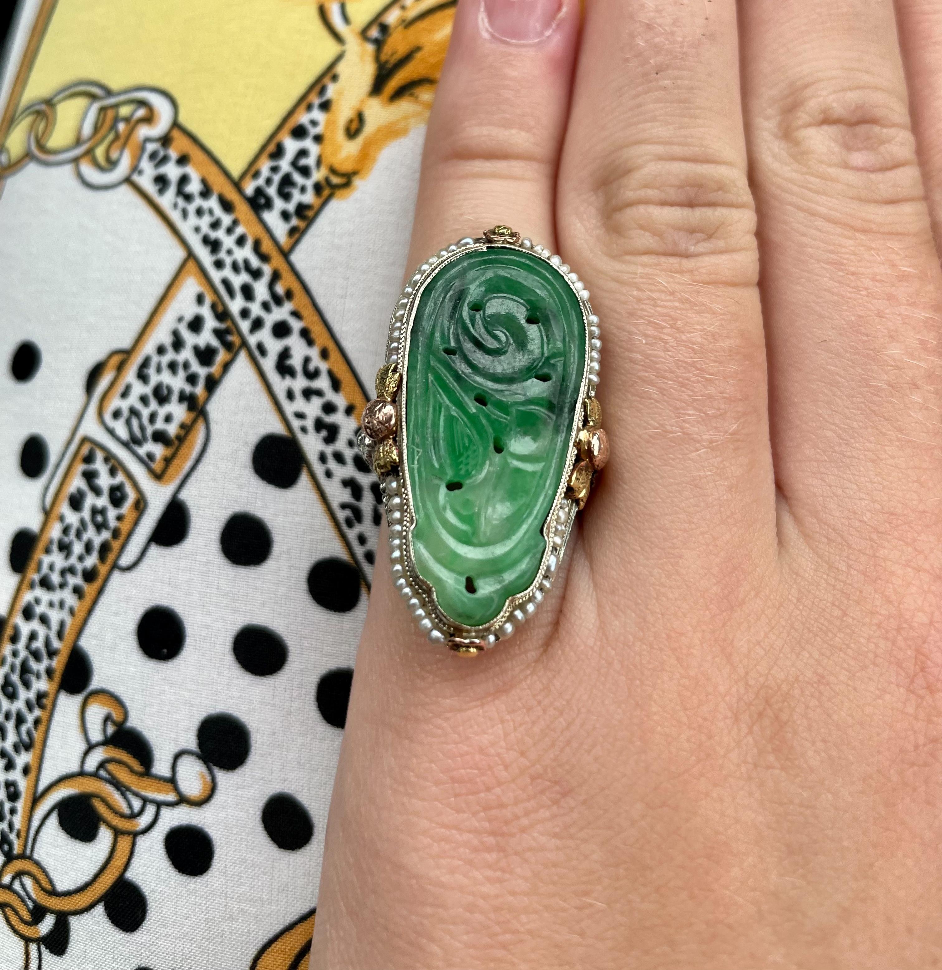 Vintage Vintage Jugendstil Jade und See Perle 18 Karat Gelbgold Ring im Angebot 4