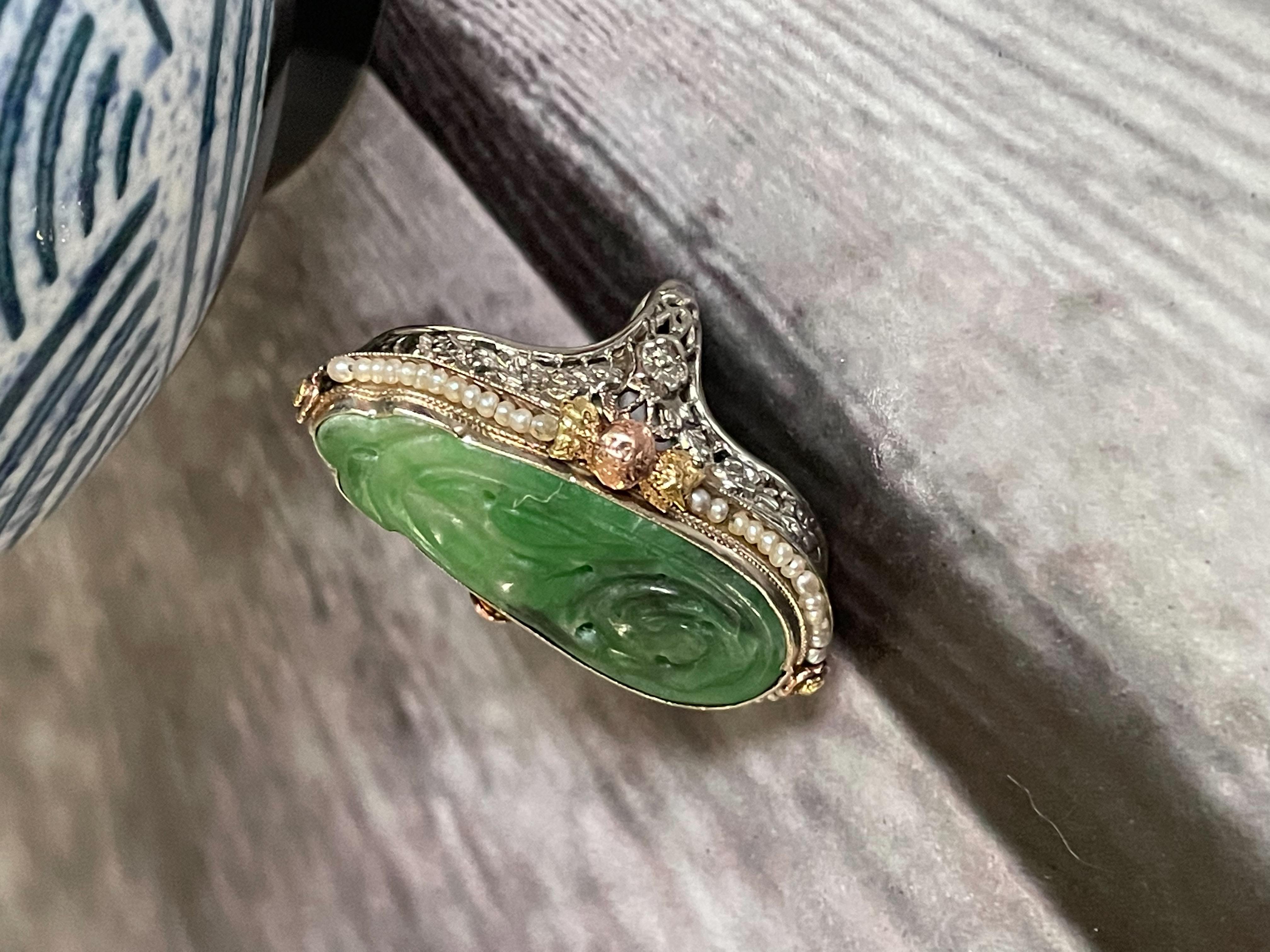 Vintage Vintage Jugendstil Jade und See Perle 18 Karat Gelbgold Ring (Art nouveau) im Angebot