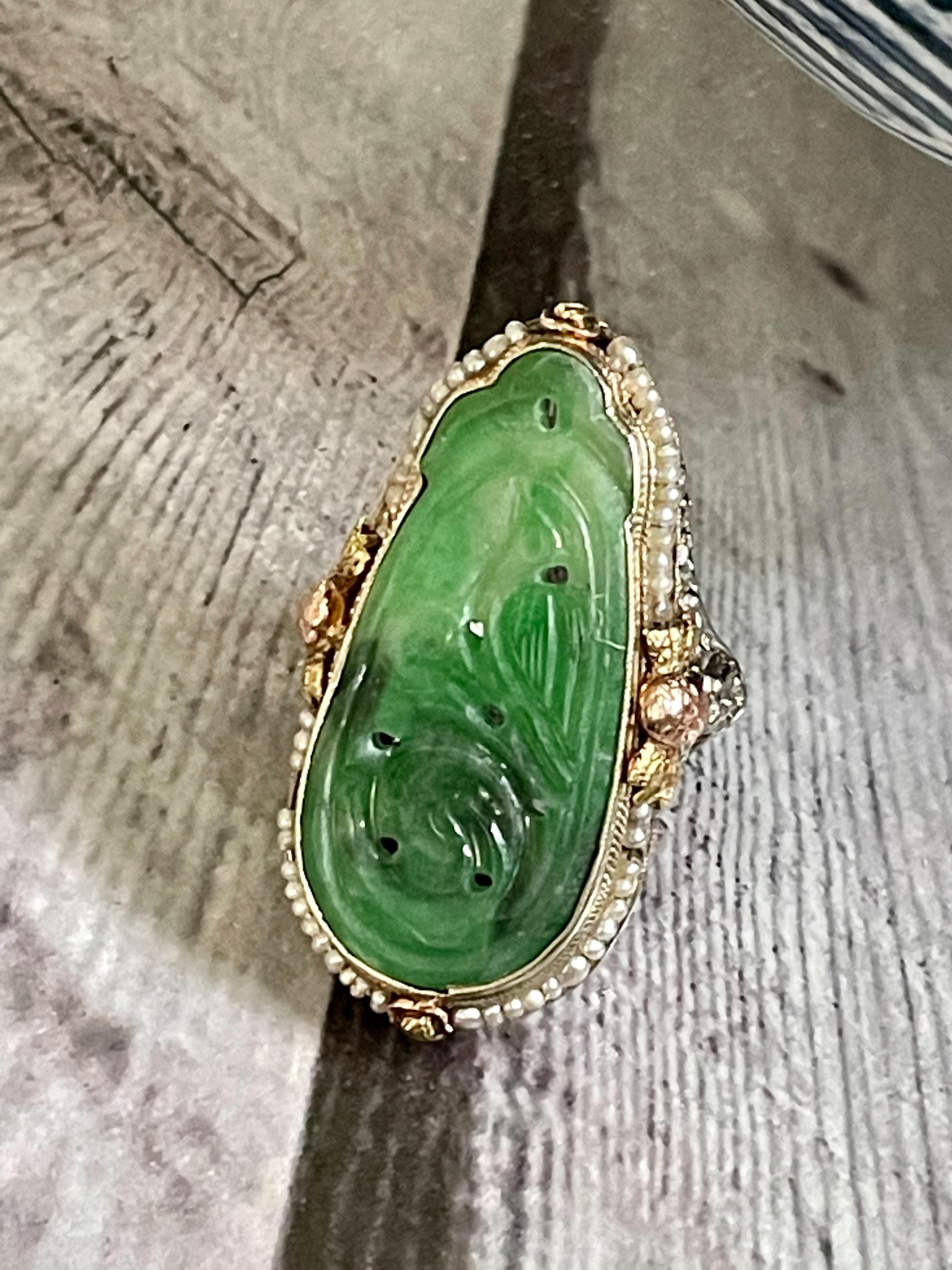 Vintage Vintage Jugendstil Jade und See Perle 18 Karat Gelbgold Ring Damen im Angebot